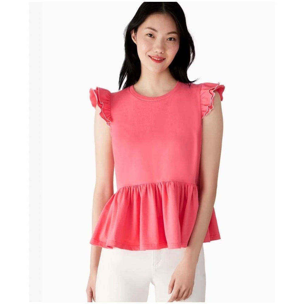 Kate Spade‎ Pink Peplum Tee Womans Small Ruffle Top Sleeve Cotton Shirt
